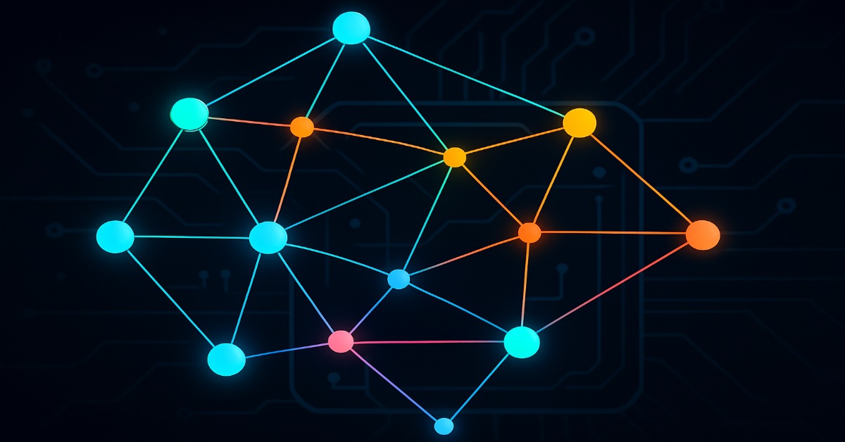 Multicolored nodes and lines on a dark chip outline representing a quantum error-correction network.
