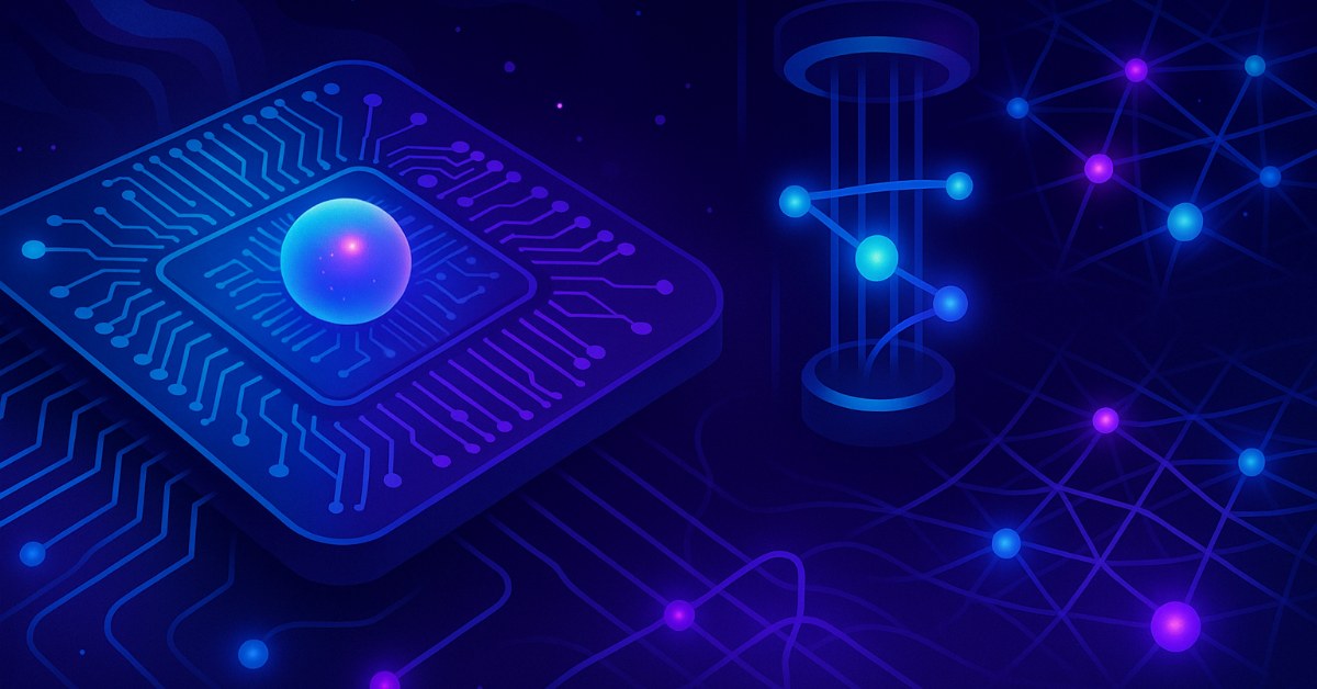 Abstract digital illustration of a glowing quantum chip connected to an ion trap and photonic waveguides by floating orb-like qubits.