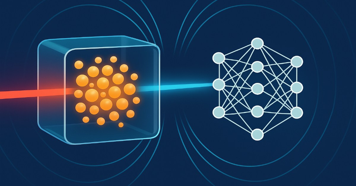 Glass cell with orange atoms and laser beams linked to a neural network and magnetic field arcs.