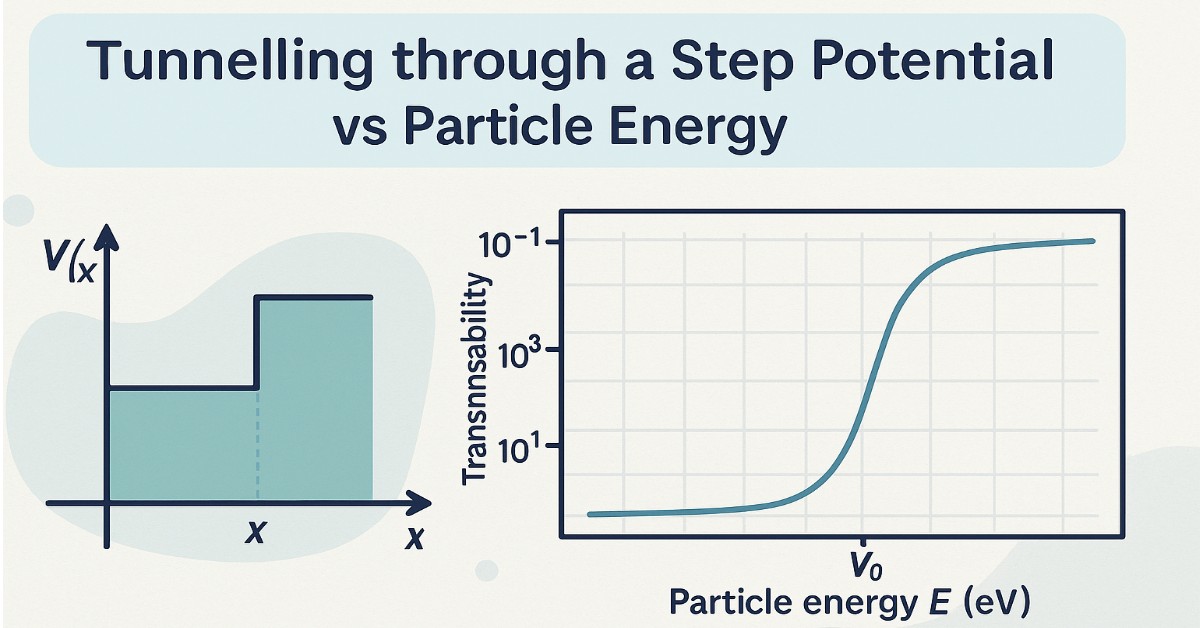 Barrier potential diagram and log-scale quantum tunneling transmission vs. energy plot.