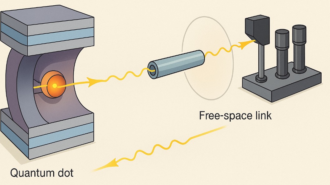 Illustration showing a quantum dot inside a Fabry–Perot cavity emitting single photons, which travel through a fiber and free-space link to superconducting photon detectors. The image is generated by AI.