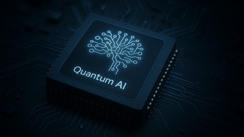 A close-up of a glowing quantum processor chip labeled “Quantum AI” on a dark blue circuit board, highlighting intricate neural network connections.