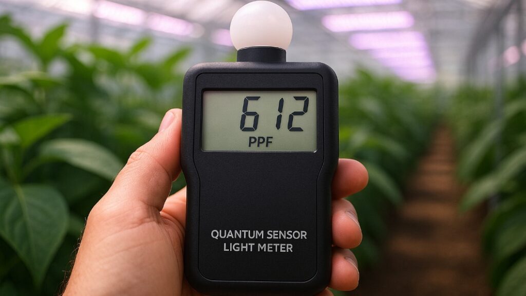 Close-up of a left hand holding a black quantum sensor light meter with a domed white diffuser on top. The LCD screen shows “612 PPF.” In the blurred background, rows of green plants and purple LED grow lights fill the greenhouse.