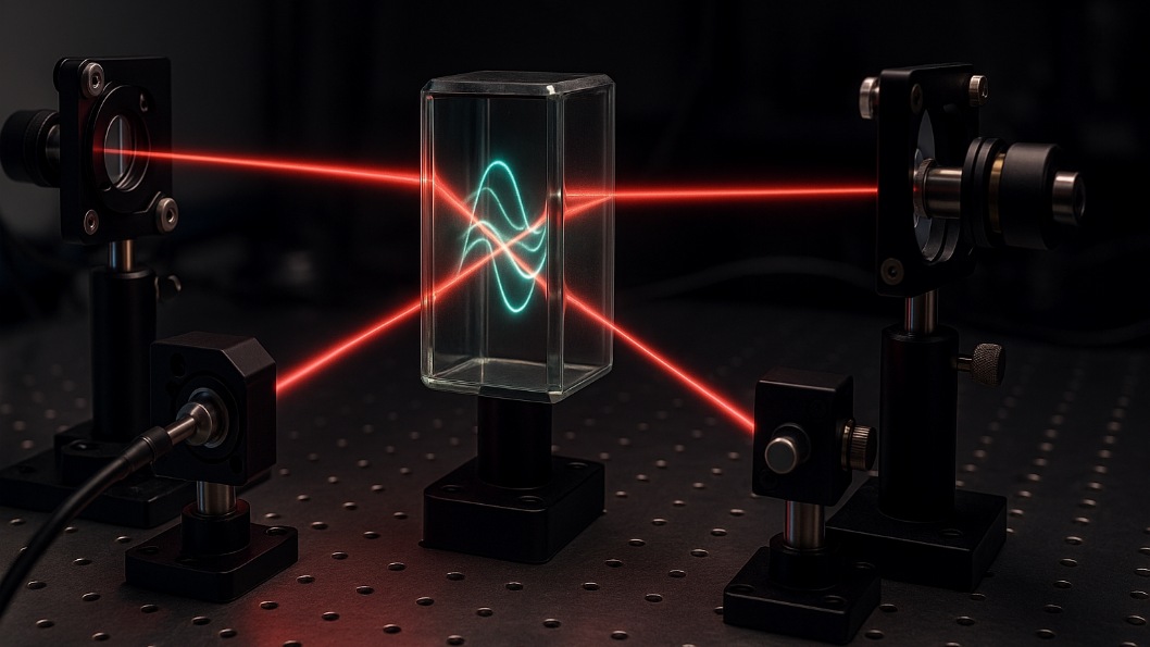 Red laser beams crossing inside a glass rubidium vapor cell on an optical table, with a glowing turquoise wave pattern representing quantum entanglement.