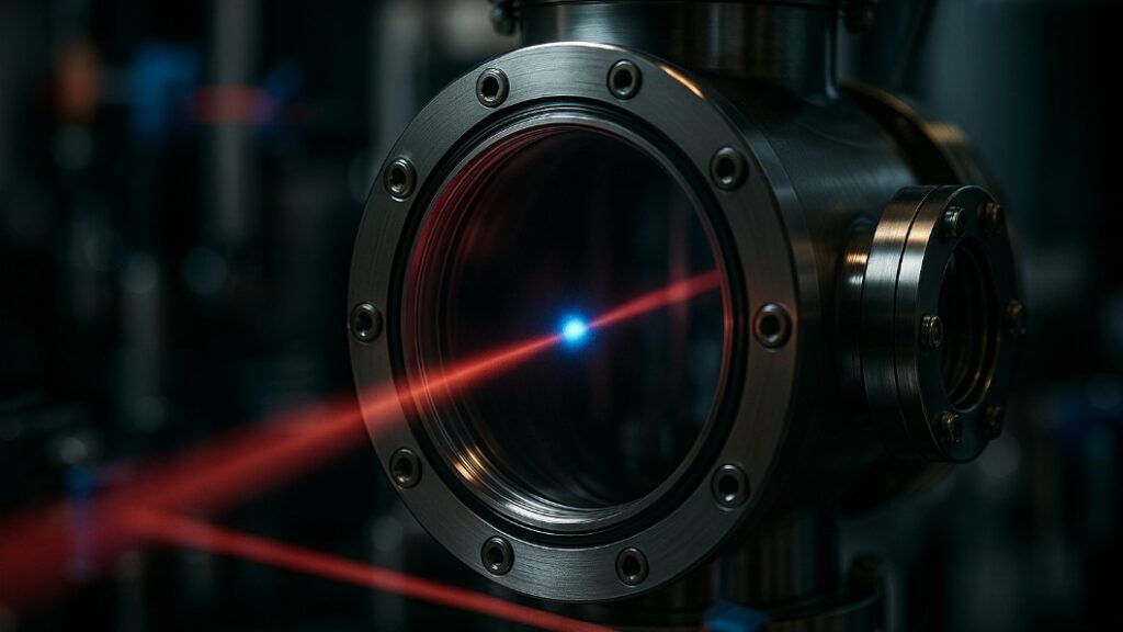 A close-up of a stainless-steel vacuum chamber with two red laser beams crossing inside; at the crossing point, a small bright blue glow represents a Bose-Einstein condensate.