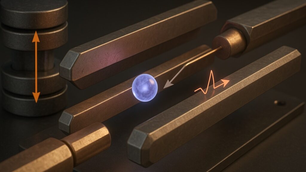 Glowing ion held between electrodes, magnets beside it, and an electric-field waveform icon on the opposite side. This illustrates the electrometry setup.