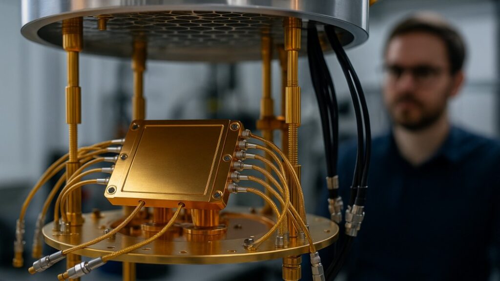 Close-up of a gold-colored superconducting quantum chip mounted in a cryogenic refrigerator, with twisted coaxial cables attached and a blurred lab researcher in the background.