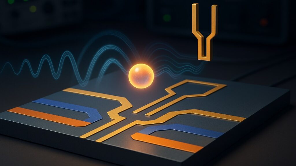 Glowing ion floating above a microfabricated trap chip with stylized microwave waves.