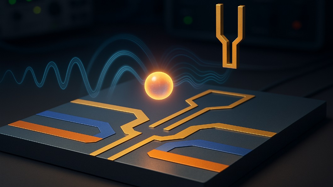 Glowing ion floating above a microfabricated trap chip with stylized microwave waves.