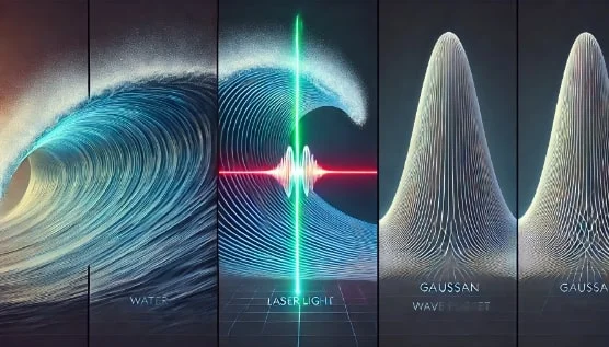 Schematic representation of a water wave, laser light, and Gaussian wave packet