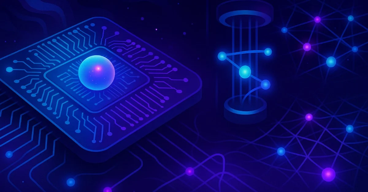 Abstract digital illustration of a glowing quantum chip connected to an ion trap and photonic waveguides by floating orb-like qubits.