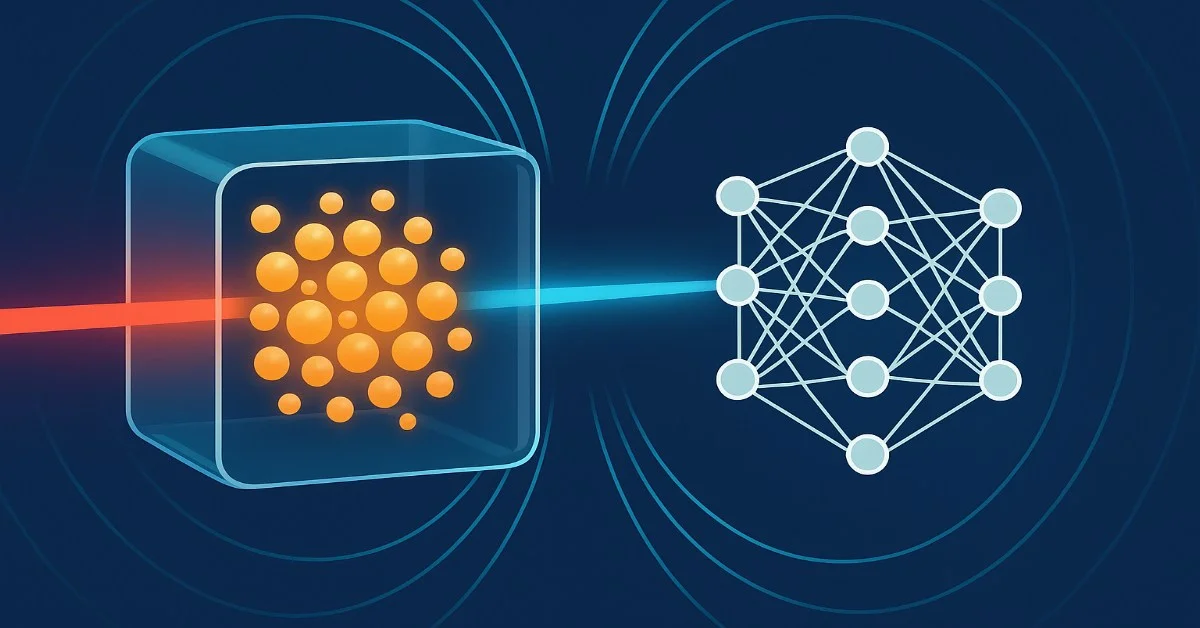 Glass cell with orange atoms and laser beams linked to a neural network and magnetic field arcs.