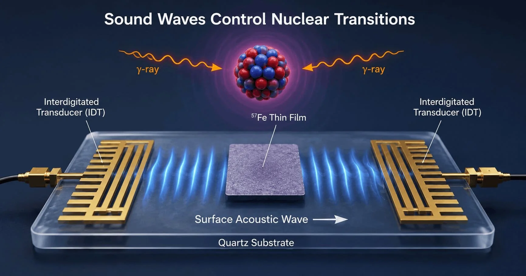 Illustration of surface acoustic waves controlling iron-57 nuclear transitions on a quartz chip using interdigitated transducers, based on a Mössbauer spectroscopy experiment in nuclear quantum physics.