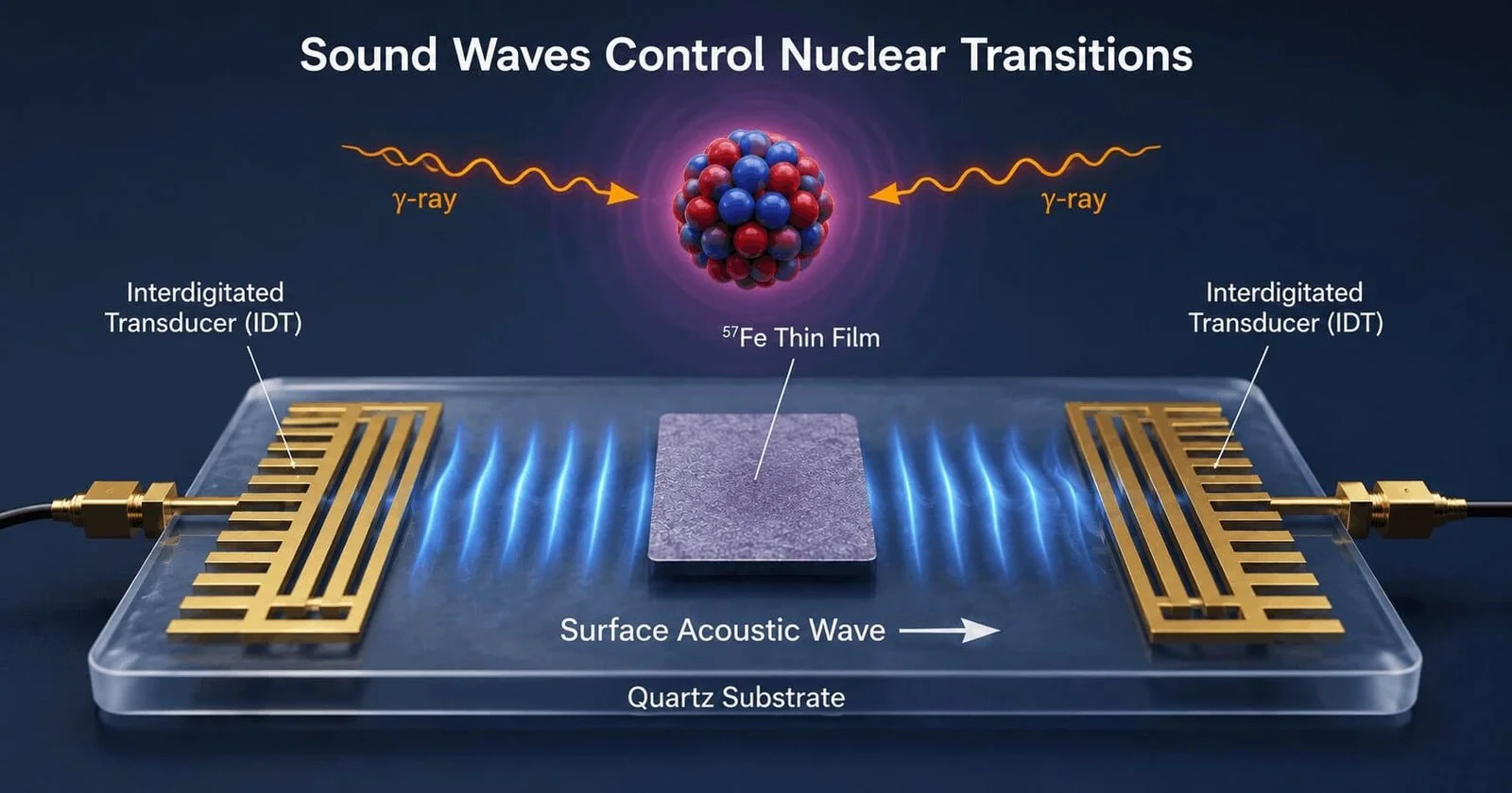 Illustration of surface acoustic waves controlling iron-57 nuclear transitions on a quartz chip using interdigitated transducers, based on a Mössbauer spectroscopy experiment in nuclear quantum physics.